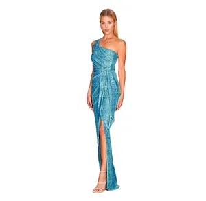 Elegant one-shoulder sequined long dress with pleated waist and high slit detail
