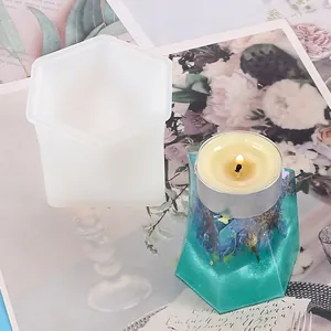 Hexagonal silicone mold for DIY epoxy resin candle holders with finished example