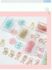 Detailed view of colorful cartoon shaped metal paper clips in various animal designs