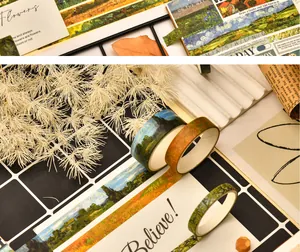 Close-up view of Van Gogh impressionist landscape washi tapes for DIY scrapbooking decoration