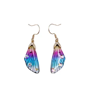 Elegant cicada wing dangle earrings featuring purple-blue gradient and iridescent crystals