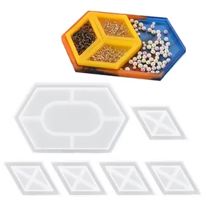 Hexagonal silicone tray mold set with diamond dividers for DIY resin jewelry storage