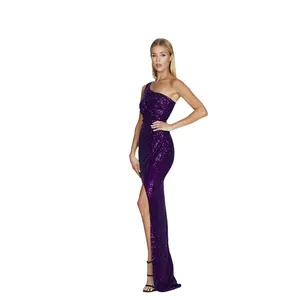 Full-length view of a shimmering purple one-shoulder sequin evening gown on a model.
