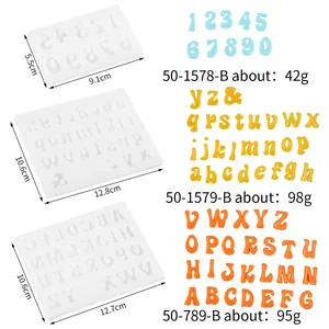 Dimensions et poids détaillés des moules en silicone pour lettres et chiffres de pâtisserie