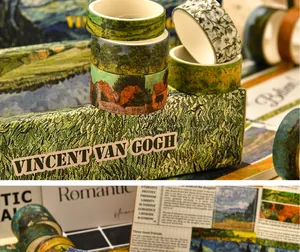 Close-up detail of Van Gogh impressionist art washi tapes and decorative gift box