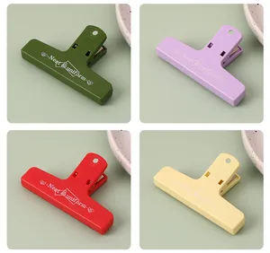 Primo piano di clip magnetiche per carta color Morandi in verde, viola, rosso e crema