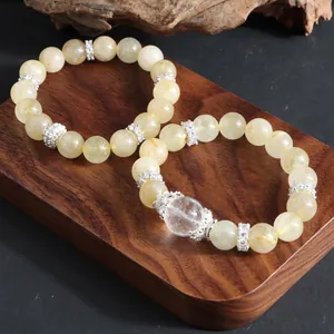 Pulsera de Cristal de Cuarzo Rutilado Dorado de Estilo Nuevo Chino para Mujer Pulsera de Cuentas Artística Hecha a Mano con Dijes de Aleación de Strass