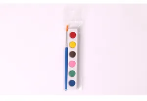 Detailed view of 6-color solid watercolor paint set with a blue brush in clear plastic bag