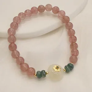 Bracciale in quarzo fragola in stile cinese vintage con dettaglio pendente ping'an kou.