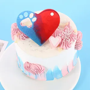 Detailed view of a red and blue heart-shaped resin charm with a cat paw print cutout