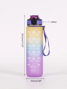 Detailed dimensions of 1000ml gradient sports water bottle with motivational time markers