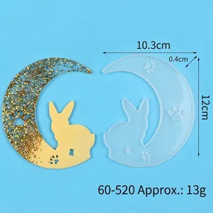 Detailed dimensions of the crescent moon and bunny silicone resin mold with weight specs