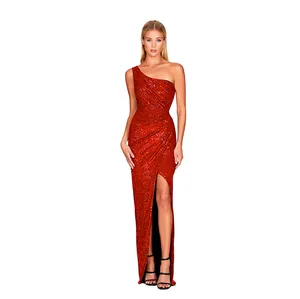 Glamorous red sequin one-shoulder pleated evening gown with a flattering high slit design