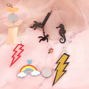 Various creative acrylic earring designs including lightning, rainbow, and seahorse shapes.
