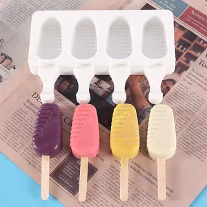 Silicone 4-cavity popsicle mold with colorful finished ice pops on wooden sticks