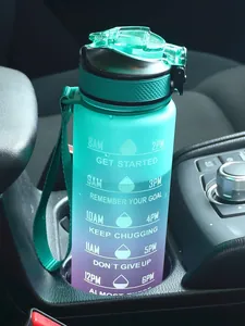 Teal and purple gradient 1000ml water bottle with time markers in a car cup holder