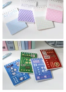 Detailed view of colorful A7 spiral notebooks with checkered and text designs.