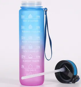 Detail view of 1000ml gradient sports water bottle featuring straw and time markers