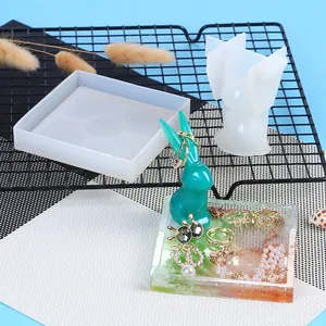 Vista dettagliata di stampi in silicone a forma di coniglio e vassoio con resina
