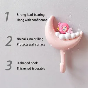Crochet adhésif dessin animé en forme de lune rose pour rangement mural de salle de bain
