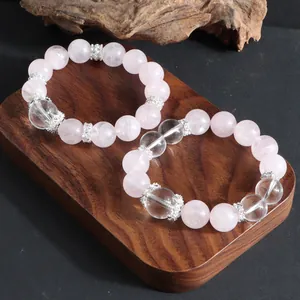 Bracelet en Cristal de Nouveau Style Chinois Quartz Rose Rose Cristal Clair Bracelet Perles Rondes Alliage Strass Femmes Bijoux de Main