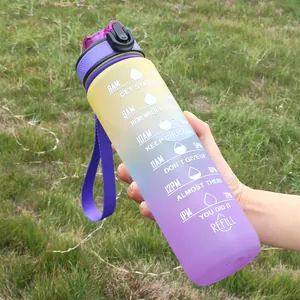 Frosted gradient yellow and purple water bottle with motivational time markers and strap
