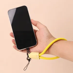 Durable yellow nylon braided phone wrist strap with macaron color and anti-lost pad