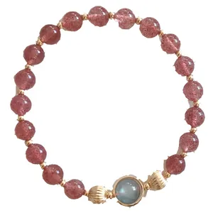 Natural strawberry quartz beaded bracelet with moonstone accent and gold spacers