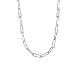 Macro view of shimmering silver paperclip chain necklace showing detailed textured links