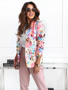 Detailed shot of vibrant floral print blazer for professional spring fashion style