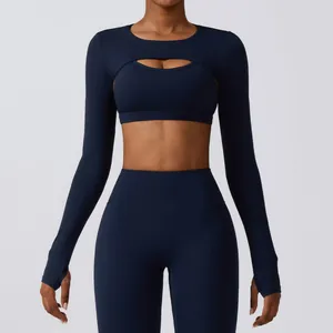 Slim fit deep blue long sleeve yoga shrug featuring front cutout and thumbholes