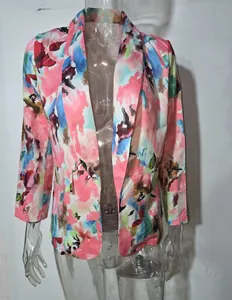 Front view of women's spring blazer featuring vibrant colorful watercolor floral print pattern
