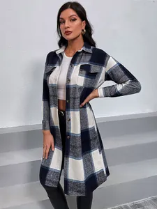 Detailed view of women plaid longline shirt jacket with turn-down collar and buttons