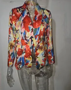 Vibrant abstract floral print blazer for women, stylish spring fashion jacket detail