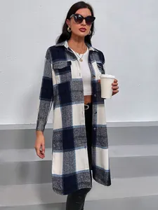 Stylish women's blue and white plaid longline shirt jacket with button-down front detail