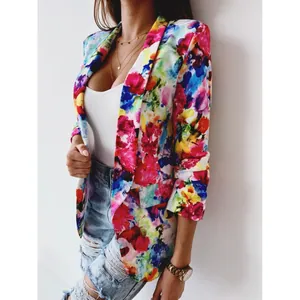 Colorful floral print blazer jacket for women, stylish spring casual outerwear