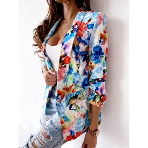 Stylish women's floral print spring blazer jacket with bright colorful abstract pattern