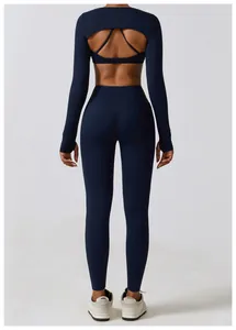 Back view of high elasticity navy blue long sleeve yoga shrug and matching leggings set
