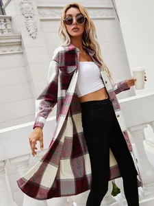 Stylish long-line plaid shirt jacket featuring single-breasted buttons and a lapel collar