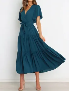 Elegant teal V-neck ruffle short sleeve bohemian maxi dress with a tie waist detail