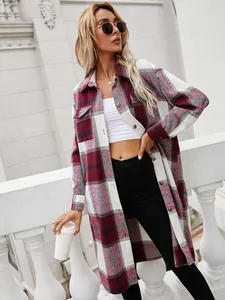 Stylish red and white plaid long-line button-down shirt jacket for women in street style