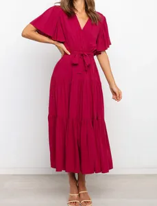 Elegant fuchsia V-neck ruffle sleeve bohemian maxi dress with waist tie for summer