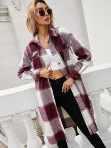 Women's long plaid shacket featuring pockets, button-down front, and a stylish lapel.
