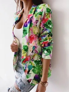 Vibrant watercolor floral print spring blazer jacket for women's stylish outfit