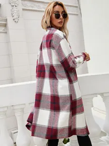 Detailed back view of a casual mid-length burgundy plaid shacket with stylish check pattern.