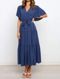 Front view of elegant blue bohemian V-neck tiered maxi dress with ruffled sleeves