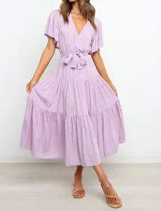 Bohemian lavender V-neck midi dress with flutter sleeves and tiered ruffled skirt