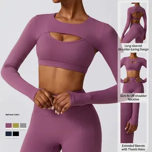 High-performance purple long-sleeve yoga bolero shrug featuring thumbholes and stylish cutout
