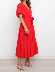 Vibrant red V-neck tiered bohemian maxi dress with flutter sleeves and waist tie detail