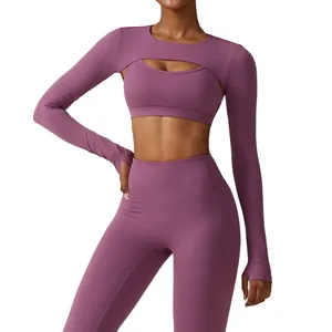 Purple 3-piece yoga set with long sleeve shrug, sports bra and high waist leggings